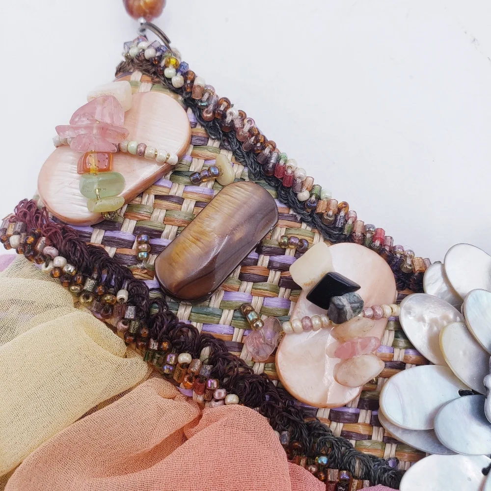 Mary Frances Beaded Tulle Ruffle Wicker Shoulder Bag‎ Mother of Pearl Earthtones